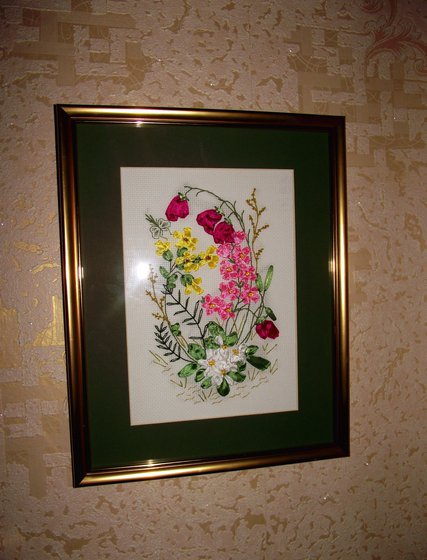 Работа «Лесная фантазия (ленты + швы мулине)»