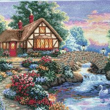 Работа «Домик у заводи с лебедями.»