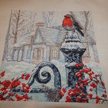 Работа «фирма Овен ,25 х 25, снегирь зимой, 18 цв»