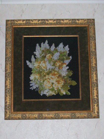 Работа «Желтые розы и сирень. Оформление под старину»