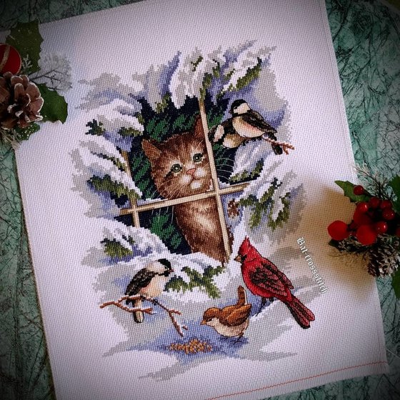 Работа «Кот и птицы по китайскому набору с Алиэкспресс.»