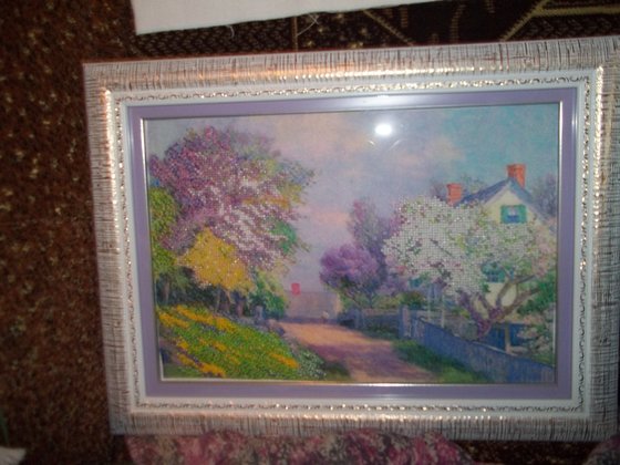 Работа «Сиреневая улочка.Бисер на габардине.»