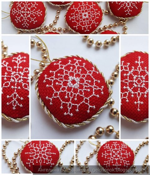 Работа «Елочные игрушки с изящной вышивкой в форме снежинки»