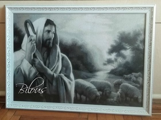 Работа «Добрий пастир.Монохром .Мій шедевр.Картина вишита хрестиком.»