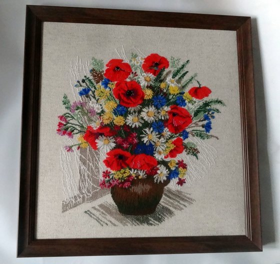 Работа «Букет с маками (Риолис, 45х45 см, шерсть, к.16)»