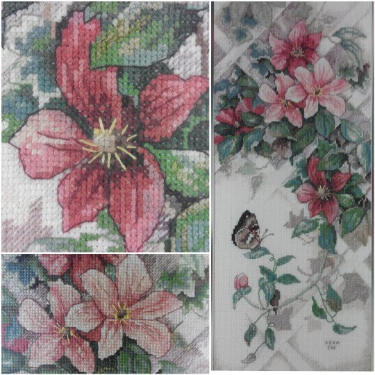 Работа «Бабочка и клематисы Размер: 17×40см Техника: счётный крест Мулин»