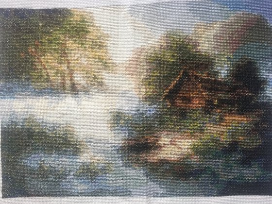 Работа «Утренний туман.Размер 190 на 135 крестиков,нитки гамма 75 цветов»