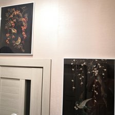 Работа «Птички, вышивка по чёрной канве, мулине и ленты»