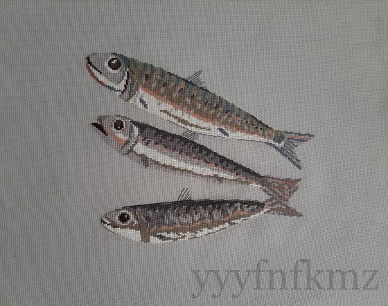Работа «Три рыбки по схеме Изабель Вотье. Канва 14 серая.»