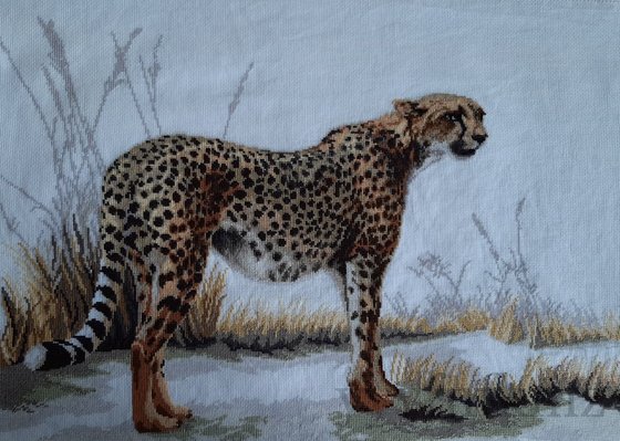 Работа «Гепард от "Чаривной Мити". 60*40 см, аида 14, 17 цветов мадейры.»