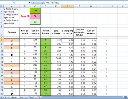 Расчет расхода ниток с помощью Excel №9716