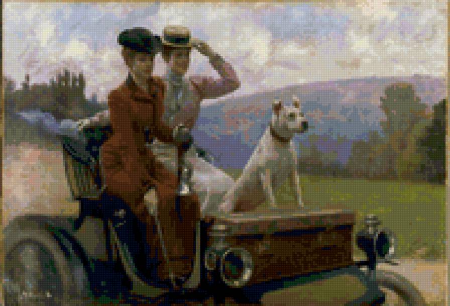 За рулем - живопись, пейзаж, машина, женщины, животные - предпросмотр