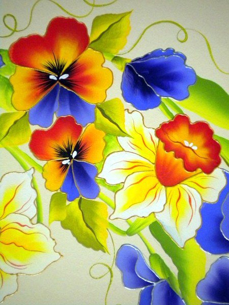 Анютки и нарциссы - анютины глазки, панно, нарциссы, цветы, анютки - оригинал