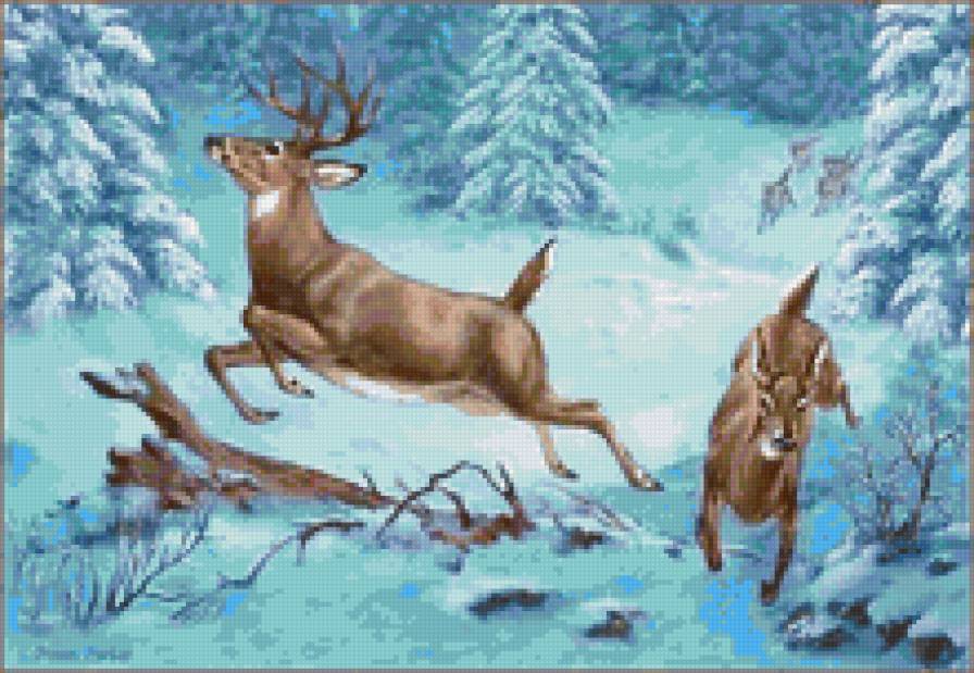 Олени - животные, волки, олени, живопись, пейзаж - предпросмотр