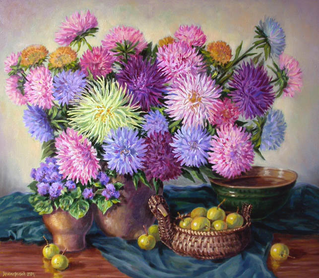 Натюрморт с астрами - красота, виноград, астры, натюрморт, цветы, букет - оригинал