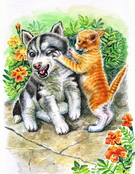 Два друга - иллюстрации, щенок, собака, два друга, котенок, животные - оригинал