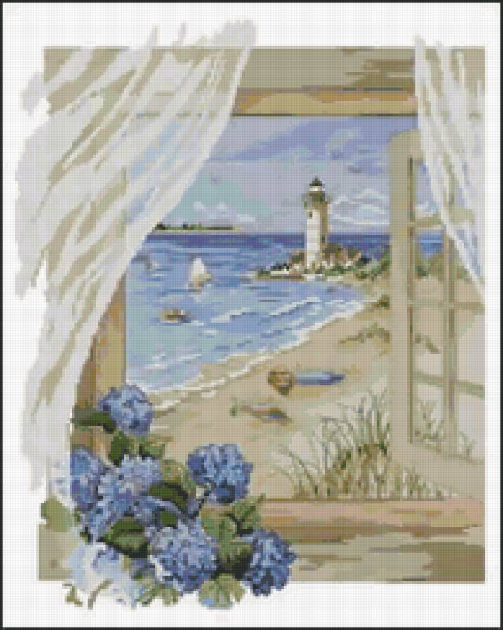 вид из окна - маяк, окно, море, цветы, берег - предпросмотр