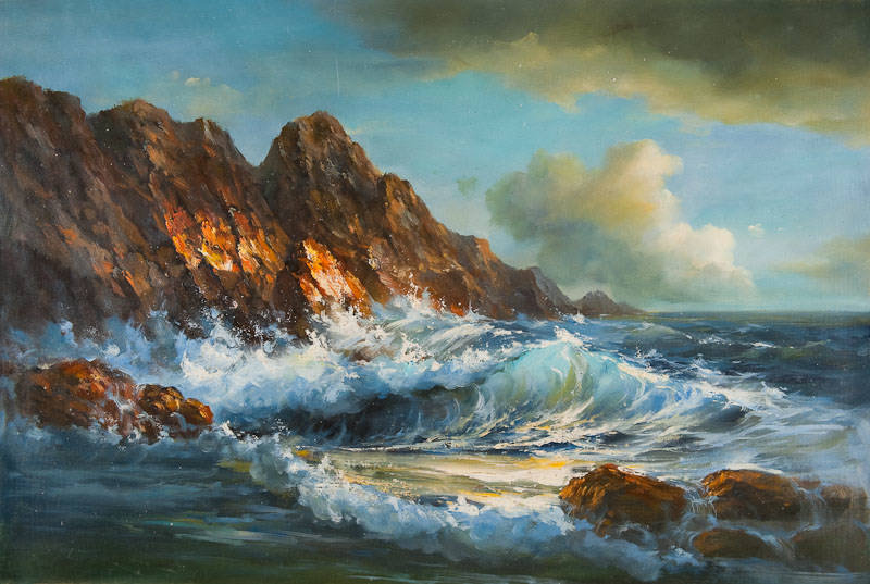 прибой - утес, море, живопись, красота, картина, пейзаж, берег, вода - оригинал