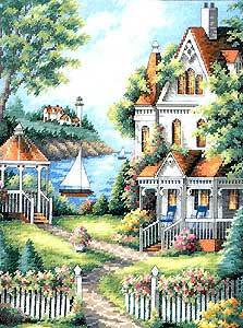 пейзаж - домик, река, парусник - оригинал