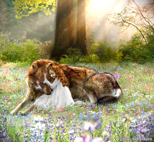 Девочка и волк - пейзаж, девочка, животные, живопись, волк - оригинал