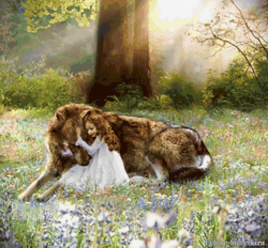 Девочка и волк - пейзаж, волк, живопись, девочка, животные - предпросмотр