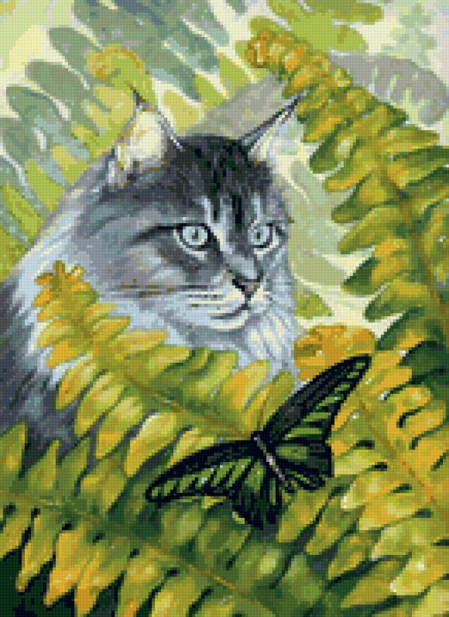 Кошки в цветах - лето, бабочки, кошка, папоротник, цветы, кошки в цветах - предпросмотр