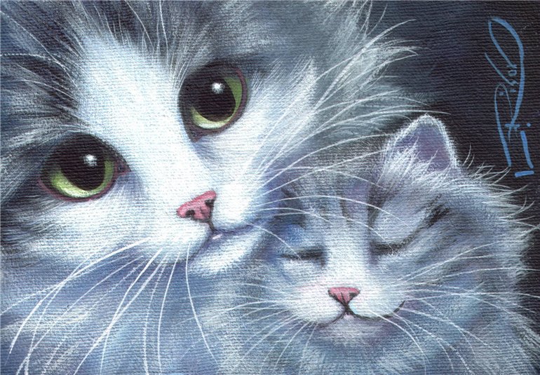 Рядом с мамой - живопись, животные, коты - оригинал