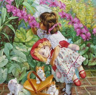 девочка с куклой - кукла, дети, цветы, девочка, сад - оригинал