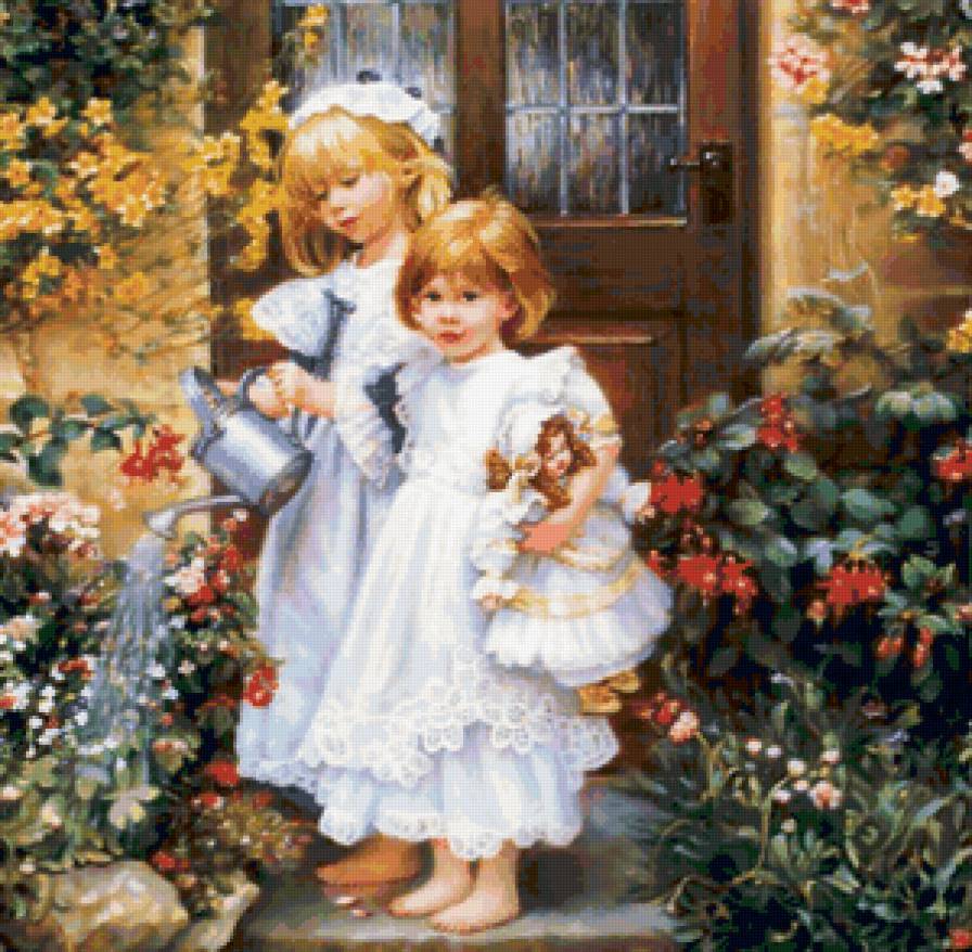 девочки в саду - сад, девочка, дети, цветы - предпросмотр