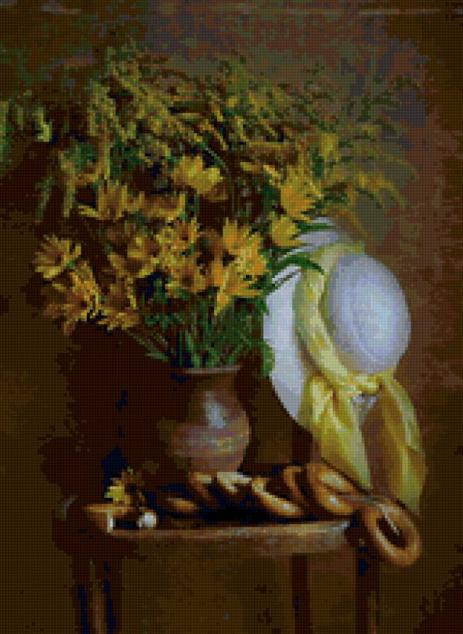 натюрморт - шляпа, цветы, баранки - предпросмотр