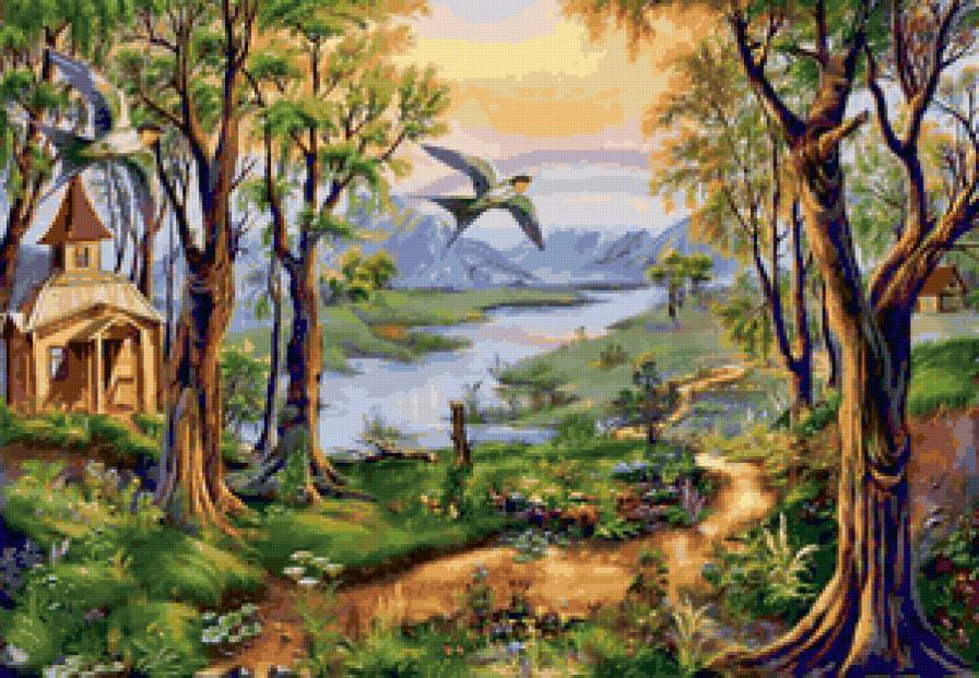 Пейзаж - река, пейзаж, лес, ласточки - предпросмотр