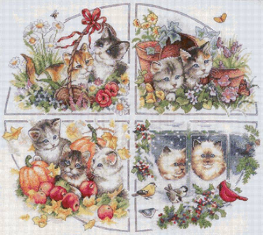 Времена года - животные, коты, живопись - предпросмотр