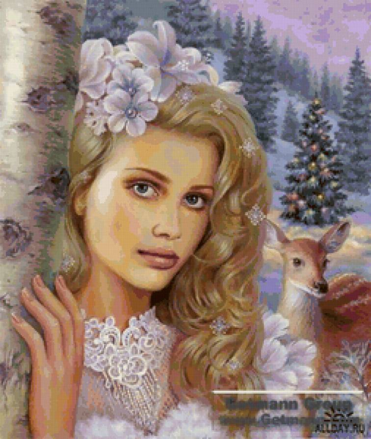 Девушка - олень, живопись, девушка, животные - предпросмотр