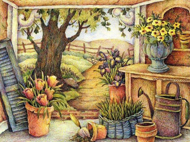 Сельский мотив - дорога, деревня, пейзаж, цветы - оригинал