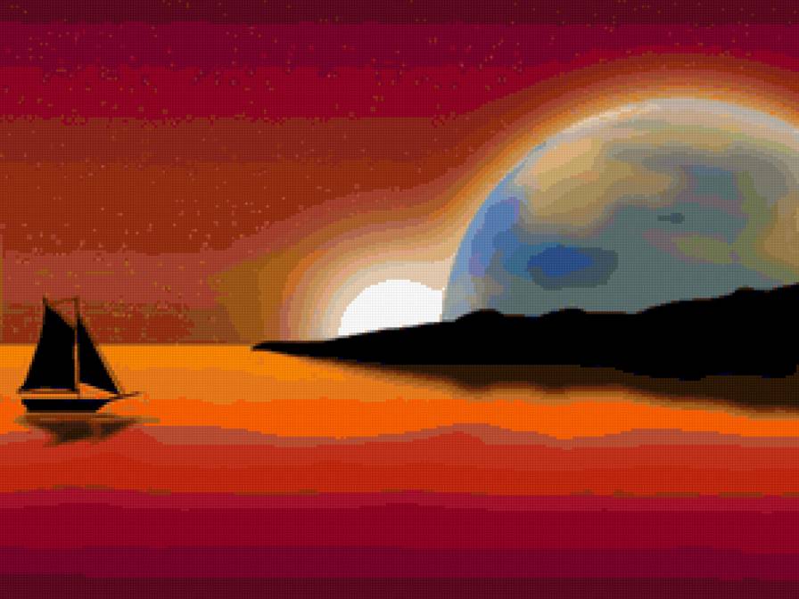 Яркие краски заката - море, закат, пейзаж, корабли - предпросмотр