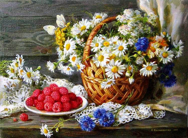 Ромашки, васильки и малина - ягоды, васильки, ромашки, цветы, малина, натюрморт - оригинал