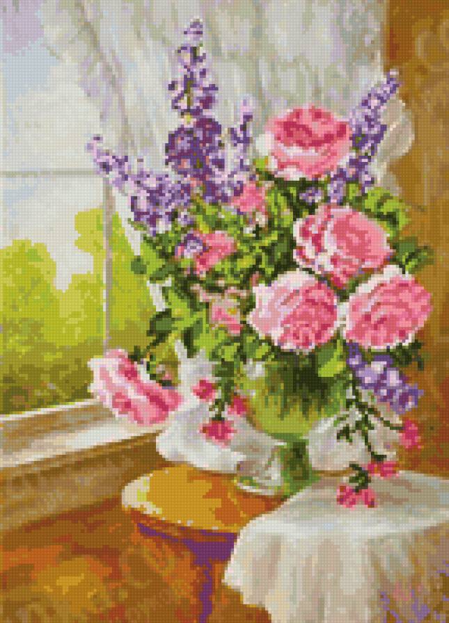 Букет у окна - окно, розы, цветы, букет - предпросмотр