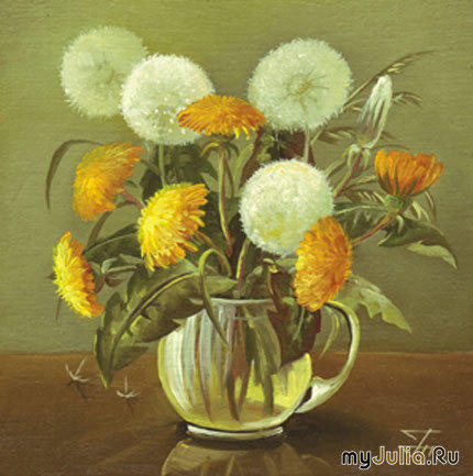 Одуванчики - цветы в вазе - оригинал
