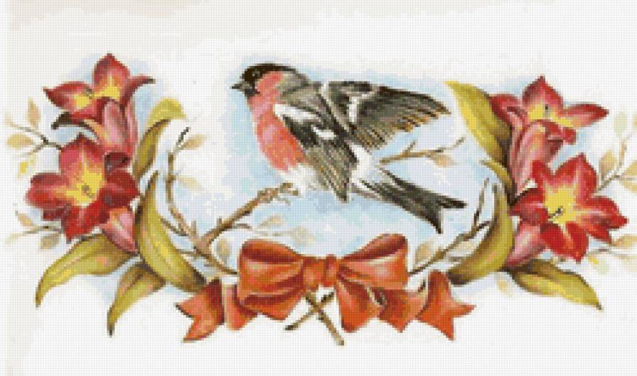 Снегирь - цветы, живопись, птицы - предпросмотр