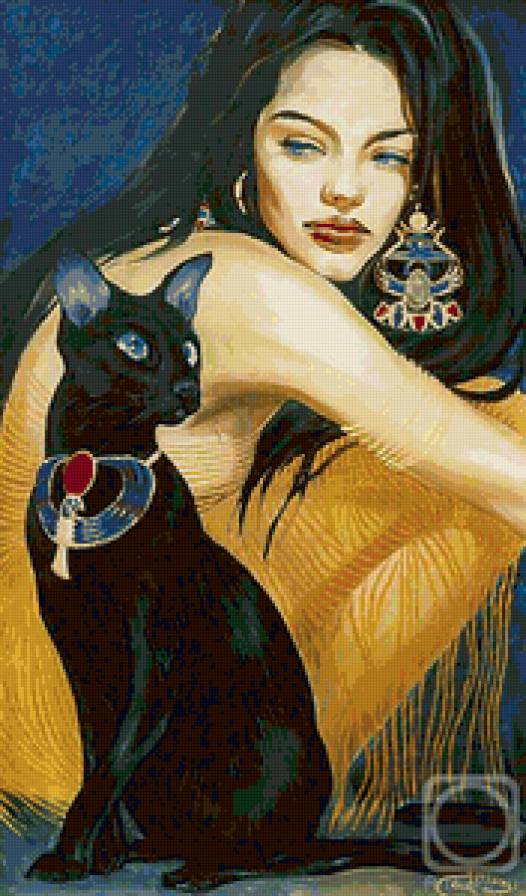девушка и кошка - картина, девушка - предпросмотр