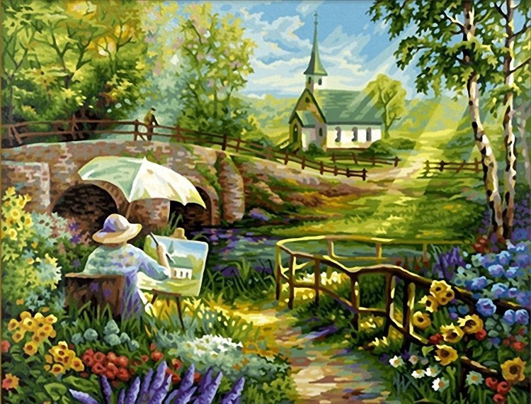 Художник - цветы, природа, пейзаж, церковь, мост - оригинал
