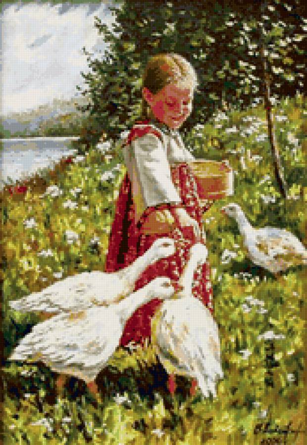 Девочка и гуси - птицы, девочка, рисунок - предпросмотр