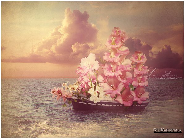 кораблик - гладиолусы, вода, море, корабль, пейзаж, природа, небо, цветы - оригинал