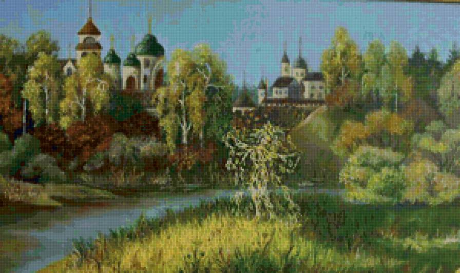 На берегу - храм, церковь, пейзаж, лето, река - предпросмотр