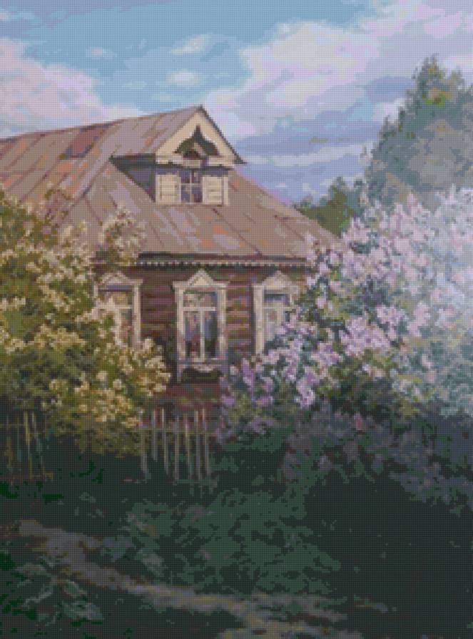 Домик в цветах - лето, цветы, домик, пейзаж, сирень - предпросмотр