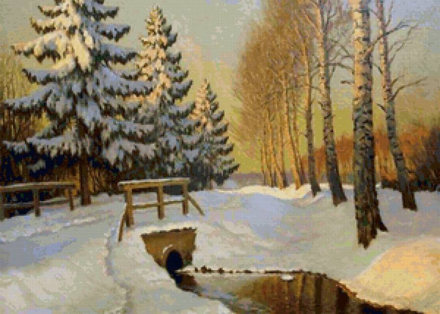 Зимний закат - живопись, зима, лес, картина, березы, ели - предпросмотр