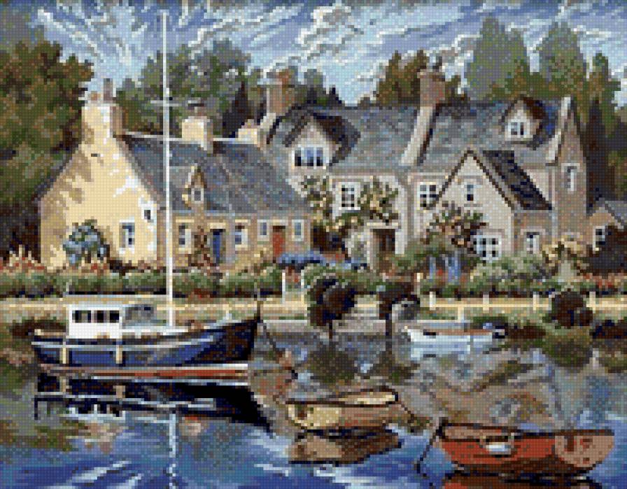 тизая пристань - дом, пейзаж, вода, лодка - предпросмотр