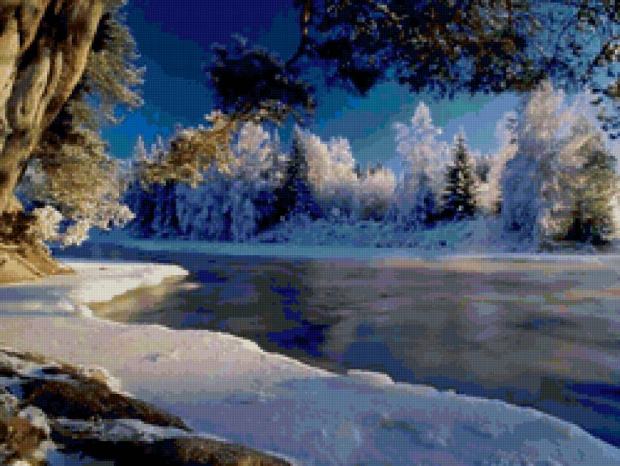 Зимняя река - зима, река, природа, снег, вода, растения, деревья - предпросмотр