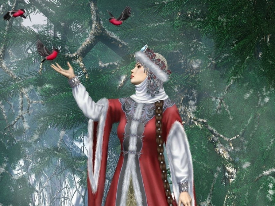 Снегурочка - сказка, деревья, фэнтези, девушка, люди, природа, птицы - оригинал