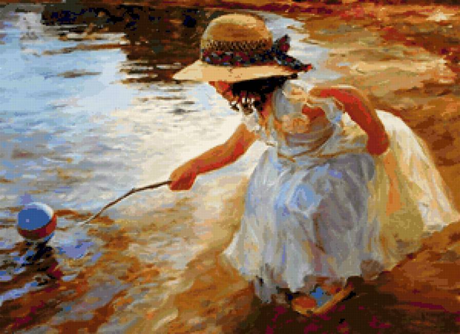 Девочка с мячом - мяч, ребенок, девочка, пляж, прутик, море - предпросмотр